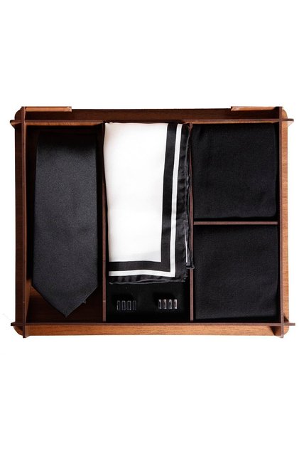Gift Set with Wooden Box, Silk Tie, Silk Handkerchief, Metal Cufflinks, Bamboo Socks