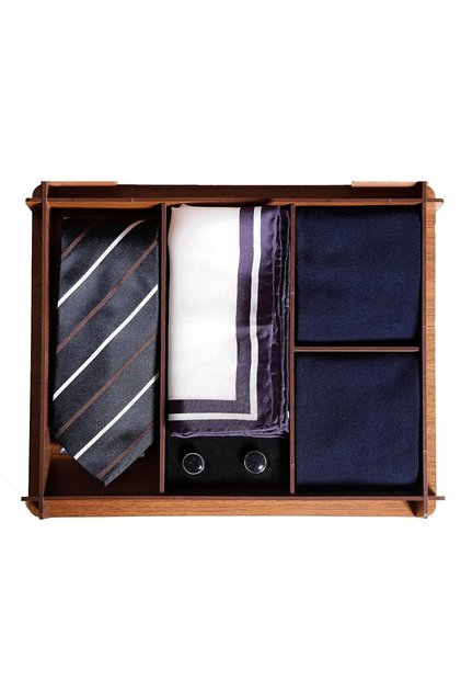 Wooden Gift Boxed Silk Tie Silk Handkerchief Metal Cufflinks Men's Gift Set with Bamboo Socks