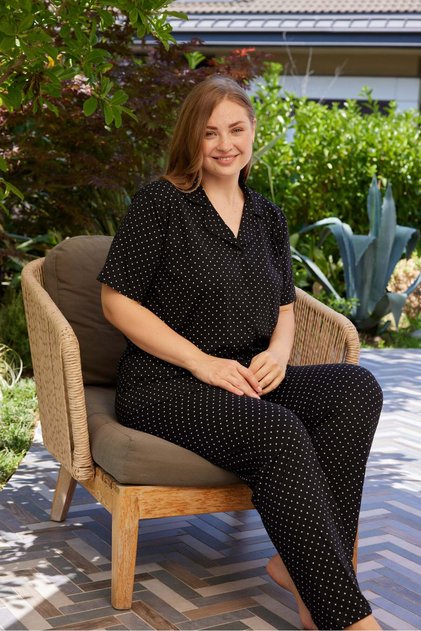 Large Size Women's Black Short Sleeve Cotton Front Buttoned Pajama Set