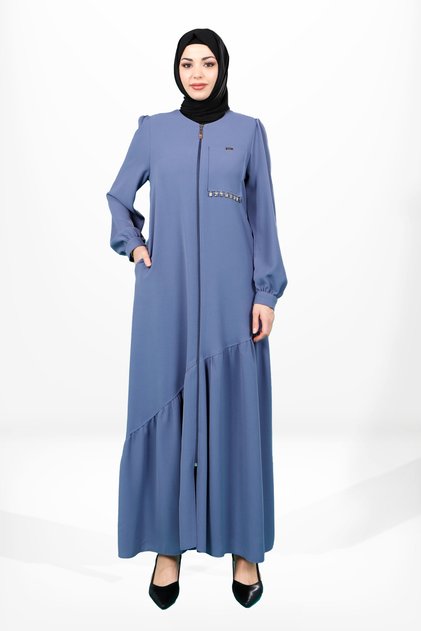 Zippered Stone Pocket Detailed Asymmetrical Stitched Skirt Detailed Indigo Color Ferace 3898