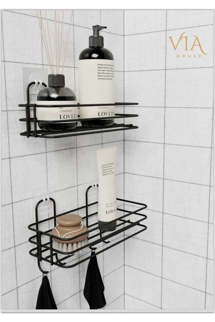 2li Set Siyah Şampuanlık Banyo Düzenleyici Yapışkanlı 4 Askılı Duş Rafı Organizer