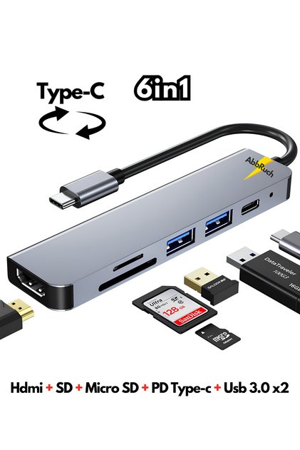 Type-c Çoğaltıcı Dönüştürücü 6in1 Hub Macbook Air Pro Uyumlu Hdmi Sd Kart PD Usb Çoklayıcı