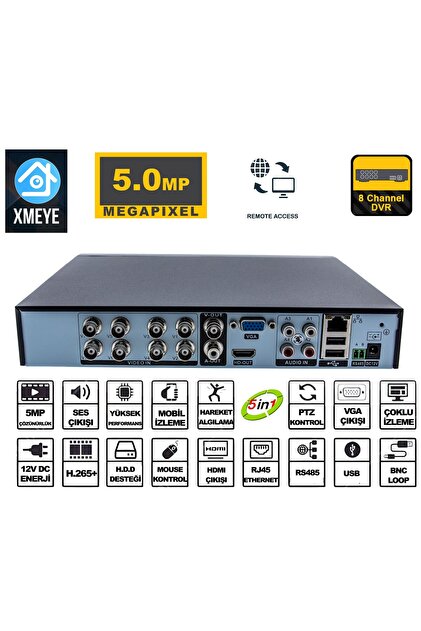 Kadraj 8 Kanal 5MP 1080P Kamera Kayıt Cihazı AHD DVR H265+ Plus