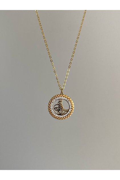 Steel Gold Row Embellished Tughra Necklace - Does not tarnish -