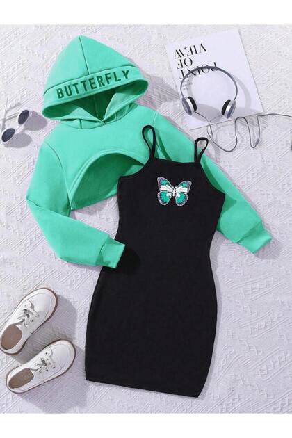 Child Butterfly Printed Dress & Cropped Sweatshirt 2-Piece Set