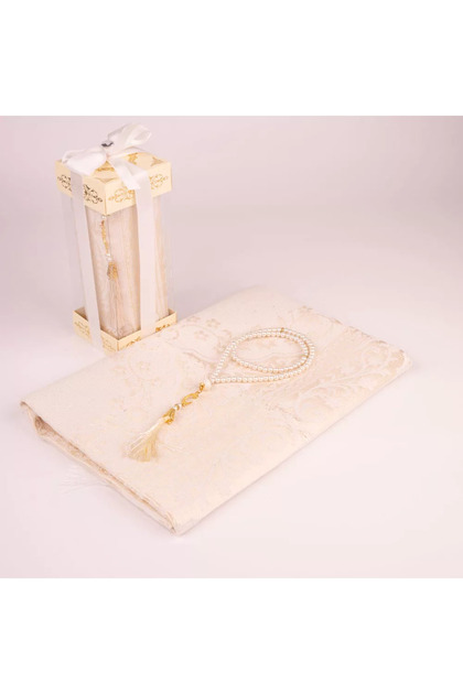 Rosary + Prayer Rug Gift Set (Patterned Upright Acetate Box, Cream)