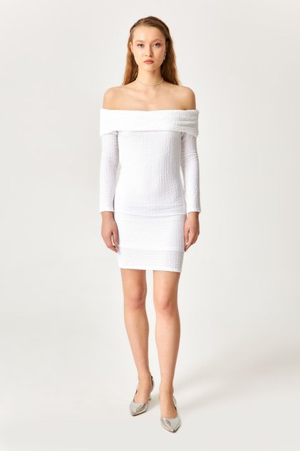 White Carmen Collar Long Sleeve Knitted Dress