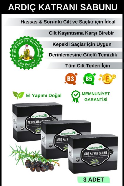 Doğal Ardıç Katranı Sabunu 140 Gr x 3 Adet Tüm Cilt Tipleri İçin Antiseptik ve Yenileyici Etkili