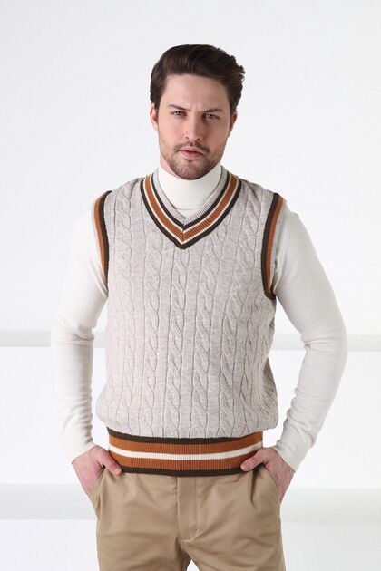 A.beige Knitted Patterned V-Neck 100% Lamb Wool Men's Sweater