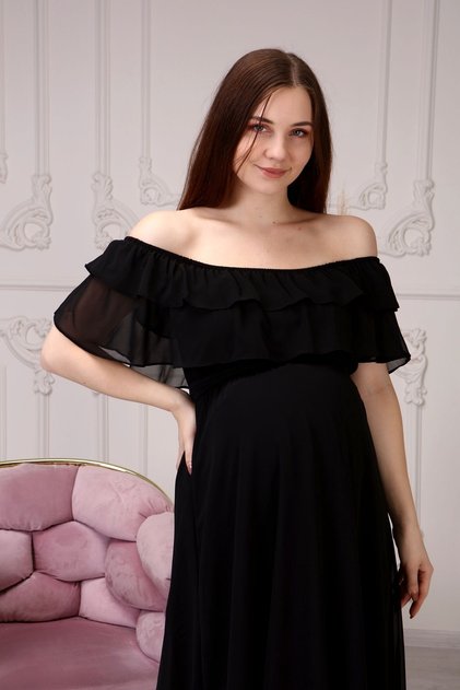 Women's Maternity Ruffle Neckline Chiffon Belted Dress Black 7000