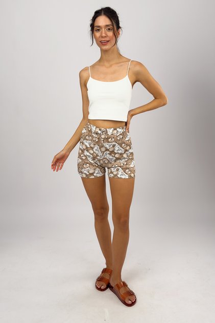 Women's 100% Cotton Single Jersey Patterned Soft Basic Mini Shorts Brown Teddy Bear