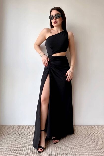 Full Lycra Long Slit Dress New Season Dress Waist-Cut Dress One-Shoulder Dress Maxi Dress