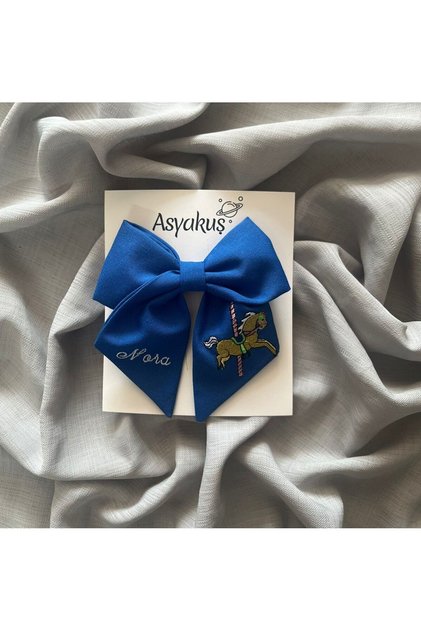 Automatic Hair Clip with Blue Bow, Embroidered Name and Carousel Design