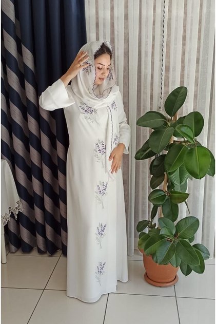 Medina Silk Embroidered Tied Prayer Dress+shawl, Silk Morning Gown, Dowry Prayer Dress & Morning Gown