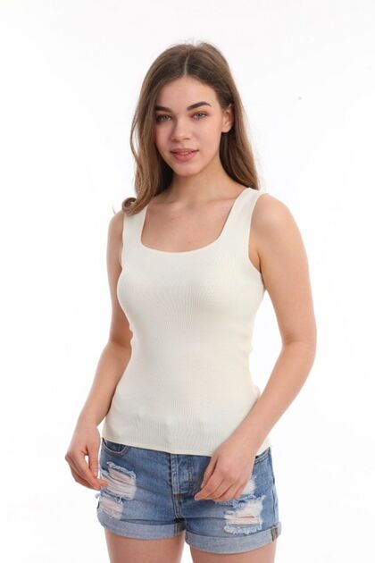 Women's Bone Color Square Neck Strap Knitwear Blouse Athlete