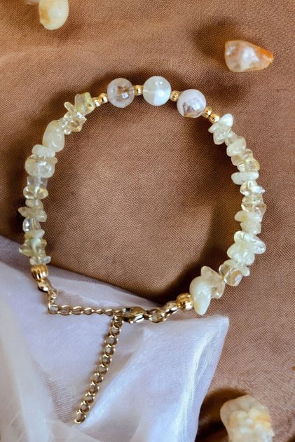 Citrine Bracelet, Dorika Bracelet, Crushed Stone Bracelet, Genuine Natural Stone, Steel Metal