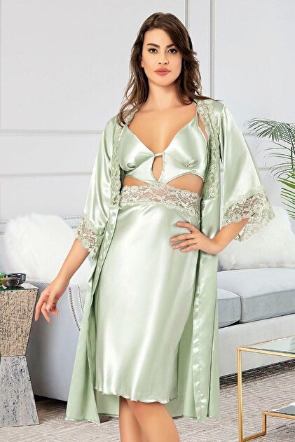 FAAL Satin Lace Detailed Nightgown Dressing Gown Double Set 2619 Midi Size Mint Green- Trendyol FAAL Satin Lace Detailed Nightgown Dressing Gown Double Set 2619 Midi Size Mint Green- Trendyol