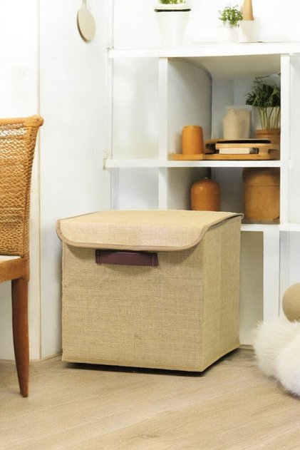 Jute Box with Lid Multi-Purpose Foldable Storage Box Office Closet Organizer Basket 30X30X30Cm