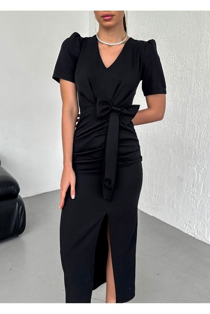 Black Bow Detailed Slit Dress
