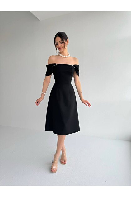 maf collection Black Midi Evening Dress - Pearl Detailed Homecoming Dress-  Trendyol