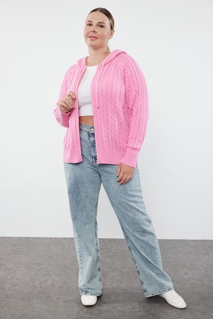 Pink Hooded Zippered Knitwear Cardigan Tbbaw23Av00051