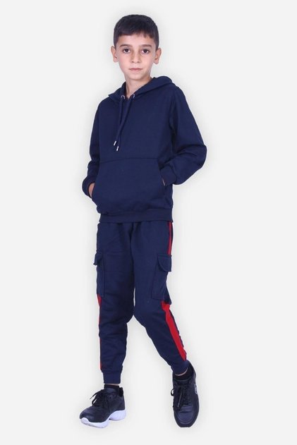 Flat Kangaroo Pocket Hooded Cargo Pocket Boy's Bottom-Top Set