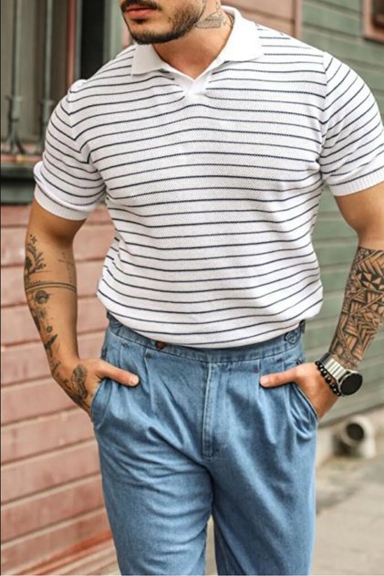 Striped Polo Neck T-Shirt White
