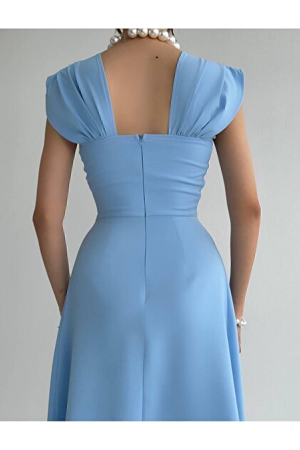 mafdress pearl detailed midi bebe blue evening graduation dress- Trendyol
