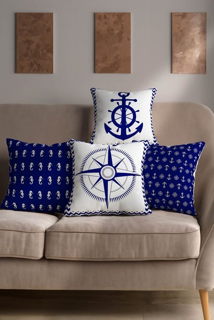 Blue Color Marine Patterned Anchor and Compass Digital Printed Decorative Set of 4 Throw Pillow Pillowcases