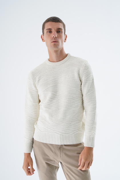 Men's Bone Crew Neck Linx Diamond Patterned Wool Knitwear Knitted Sweater Trist-5332