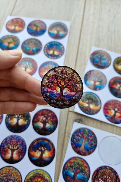 30 Pcs Stained Glass Tree of Life Sticker Set Bullet Journal Laptop Thermos Scrapbook Colored Glass Round