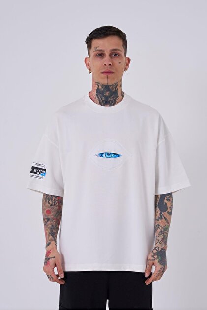 Machinist Erkek Born Again Eye Baskılı Oversize Ekru Tişört
