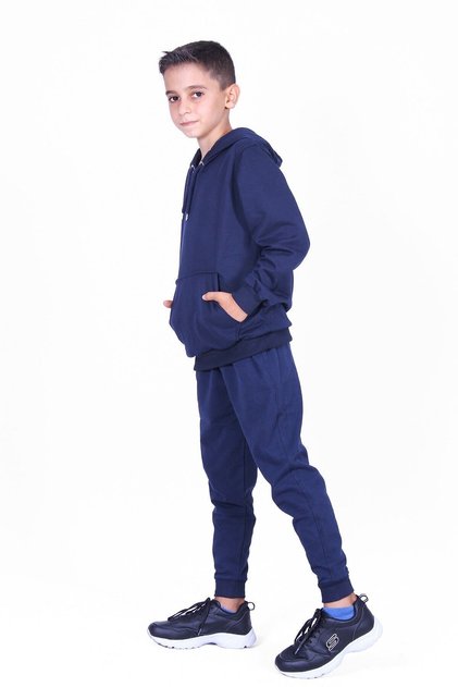Plain Boy's Hooded Bottom-Top Navy Blue Tracksuit Set