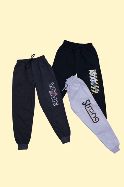 3-Pack Strong-We Are-Corp Printed Boys' Double Pocket Smoked-Black-Gray Sweatpants