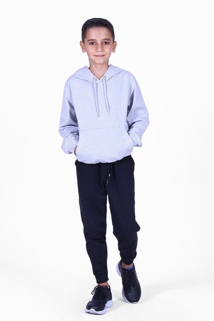 Plain Boy's Hooded Bottom-Top Gray-Black Tracksuit Set