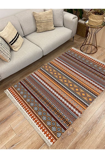 Cotton Series Geometric Antique Pattern Decorative Woven Base Rug in Mustard and Natural Tones