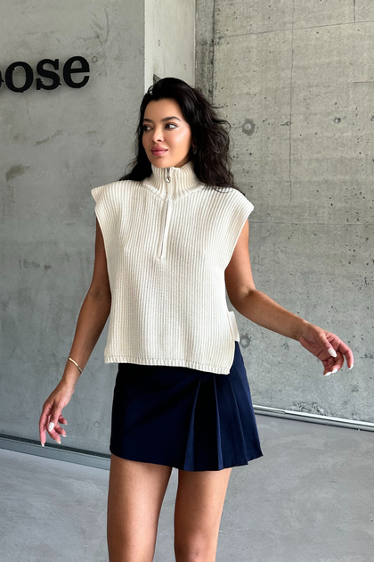 Women's Ecru Stand Collar Half Zipper Knitwear Sweater