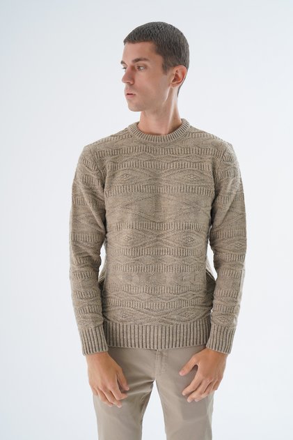 Men's Mink Crew Neck Linx Diamond Patterned Wool Knitwear Knitted Sweater Trist-5332