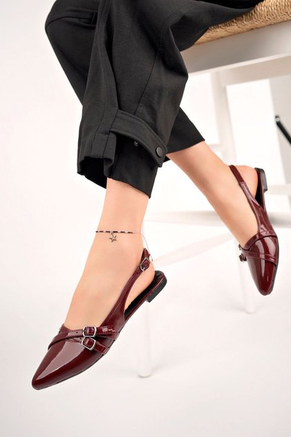 Women's Summer Ballerina Shoes with Belt Detail Bordo