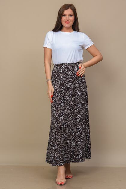 Women's Leopard Patterned Elastic Waist Piece Woven Large Size Mother Skirt