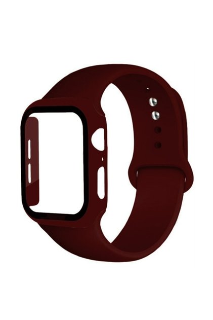 Ally Apple Watch 4-5-6 44mm Silikon Kordon Kayış Ve Ekran Koruyucu Kılıf Bordo