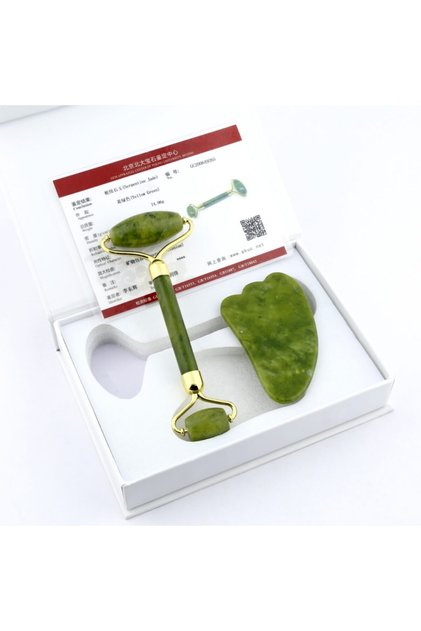 Certified 1st Class Jade Massage Stone Roller and Goose Feet Gua Sha Set ()