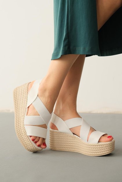 Diana White Cross-Strapped Elastic Wedge Heel Sandals