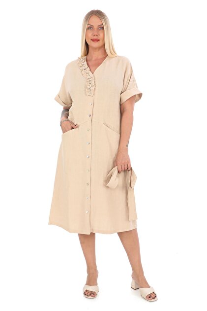 mardi exclusive V-Neck Ruffle Beige Linen Dress - Women's Plus Size- Trendyol mardi exclusive V-Neck Ruffle Beige Linen Dress - Women's Plus Size- Trendyol