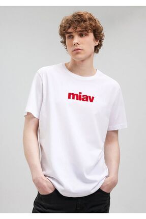 みや。 Mavi Kırmızı Miav Baskılı Beyaz Tişört Regular Fit / Normal Kesim
