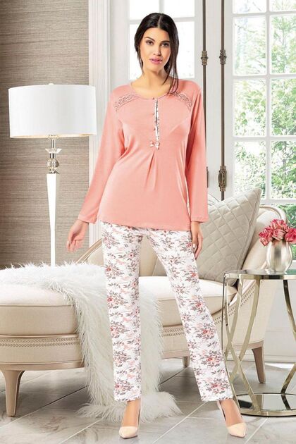 Floral Patterned Lace Detailed Pajamas Set Salmon 8602