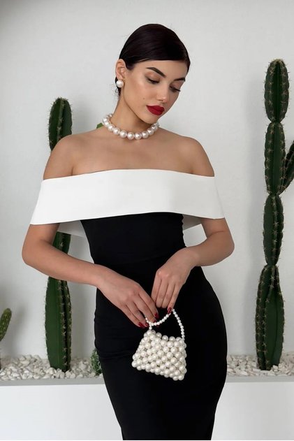 Women's Atlas Fabric Back Zip White Strapless Neckline Detail Midi Length Black Dress 250