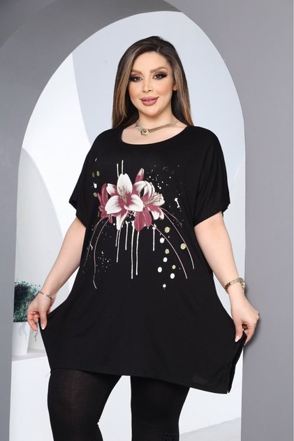 WOMEN'S BLACK SINGLE FLOWER PATTERNED SLIT BLUZ