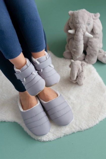 Parachute Fabric Furry Mother Slippers and Baby Slippers (slippers and slippers are sold separately)-grey/grey-t-1