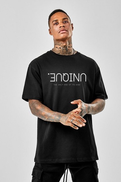 Oversize Unique Baskılı Siyah Tshirt